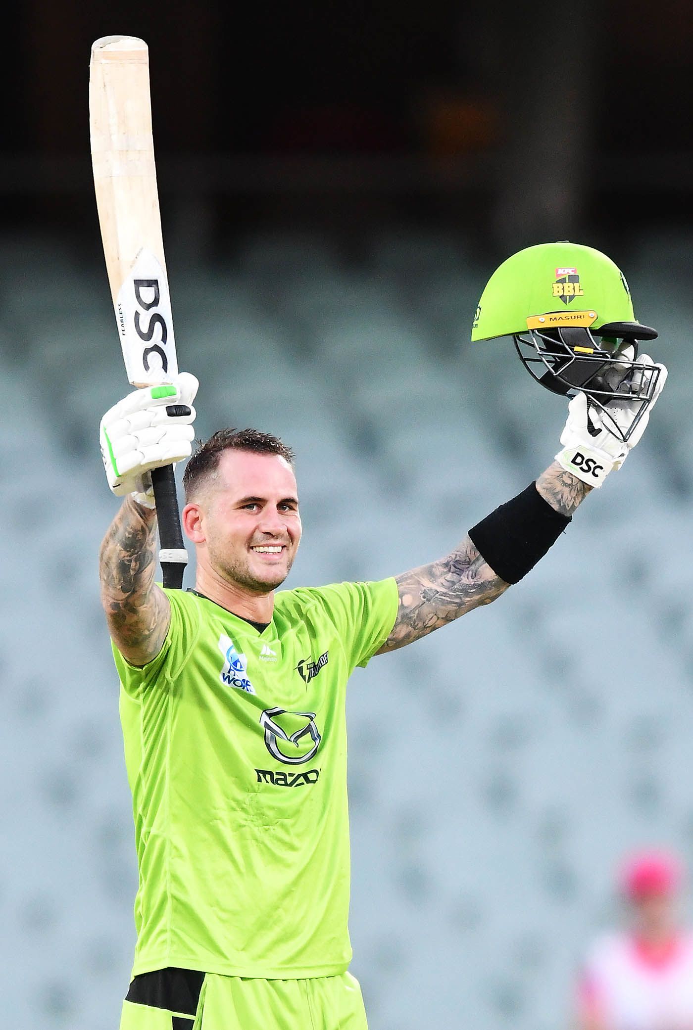 Alex Hales celebrates his century
