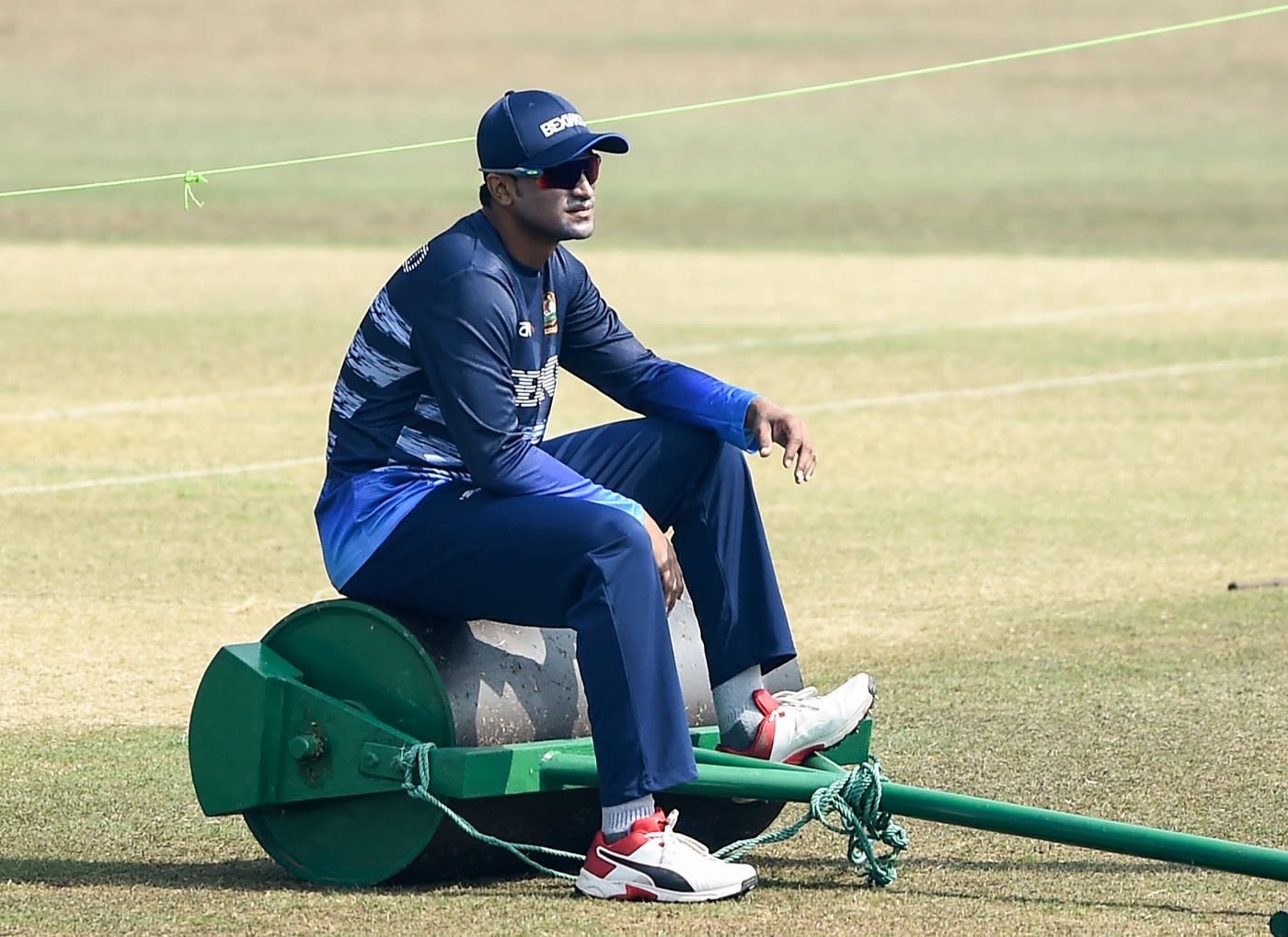 Shakib Al Hasan takes a break during training
