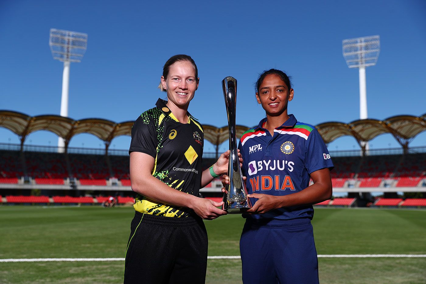 Meg Lanning and Harmanpreet Kaur with the series trophy ahead of the ...