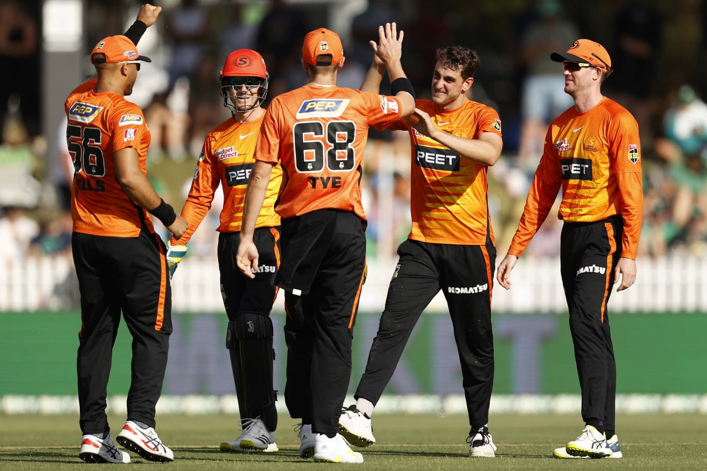 Peter Hatzoglou celebrates the key wicket of Glenn Maxwell ...