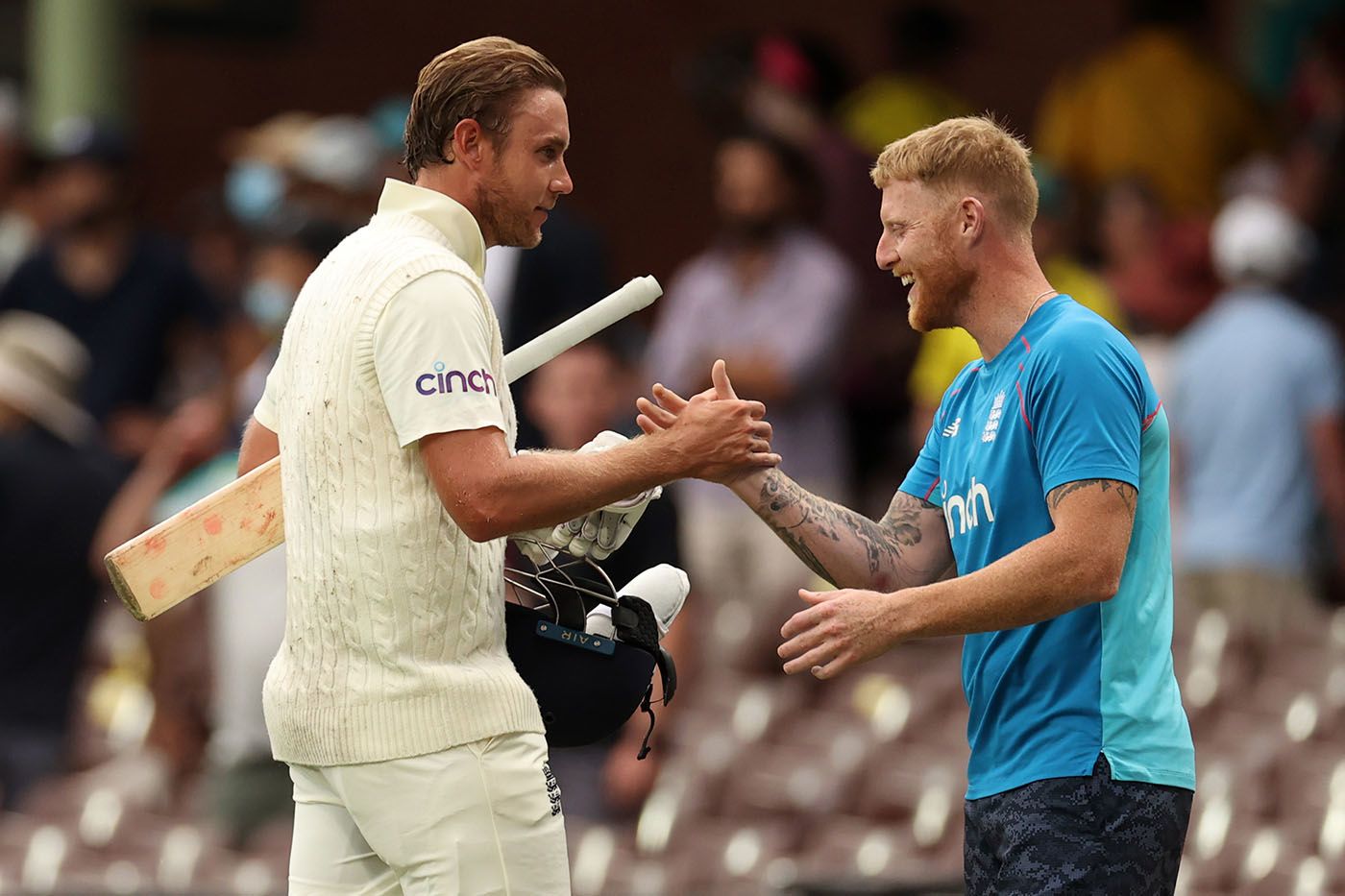 Stuart Broad shakes hands with Ben Stokes after the match ended in a