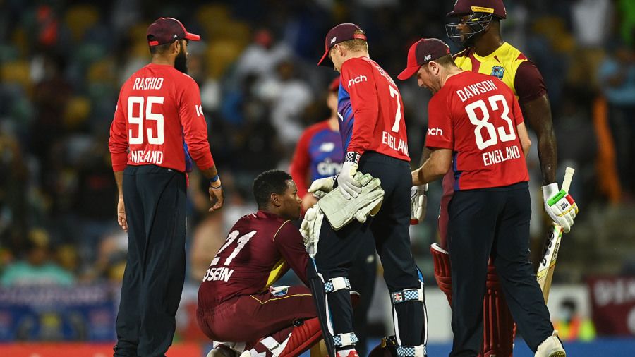 Akeal Hosein cuts a dejected figure after West Indies lose by one run Getty Images