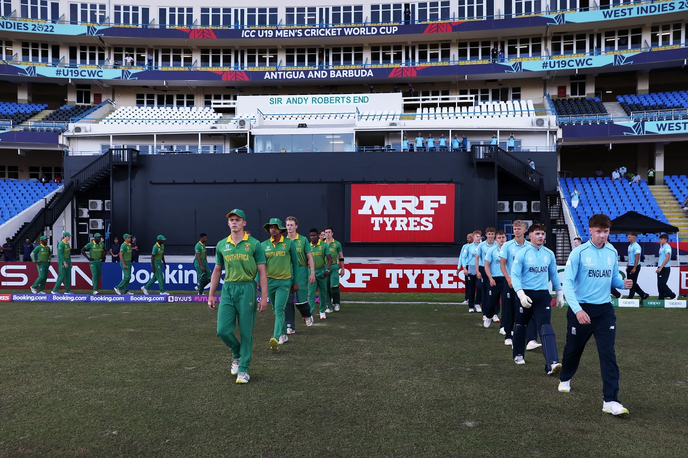 The South Africa And England Teams Line Up For The National Anthems 