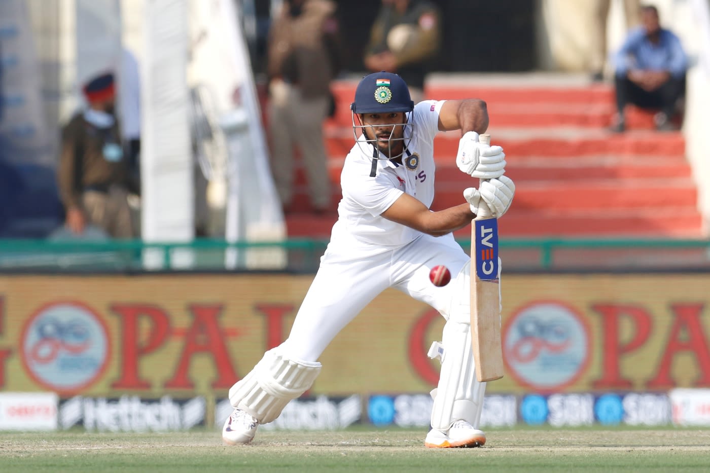 Mayank Agarwal bats on the first morning of the Mohali Test ...