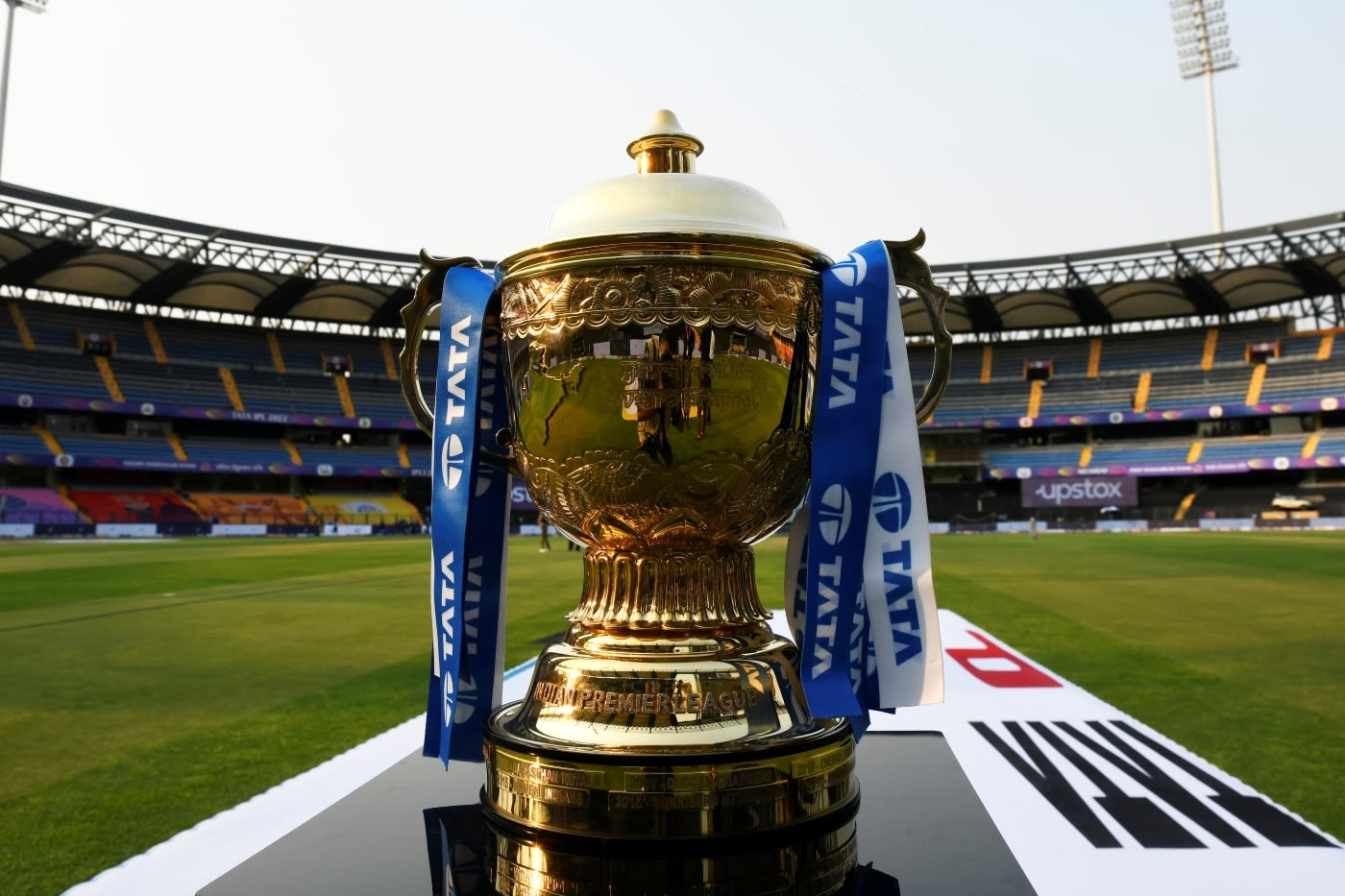 The IPL 2022 trophy, on display at the Wankhede before the first game ...