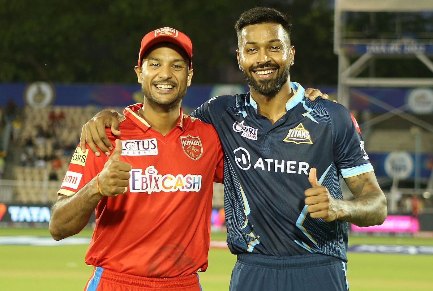 Smiles and thumbs-ups - Mayank Agarwal and Hardik Pandya at the toss ...