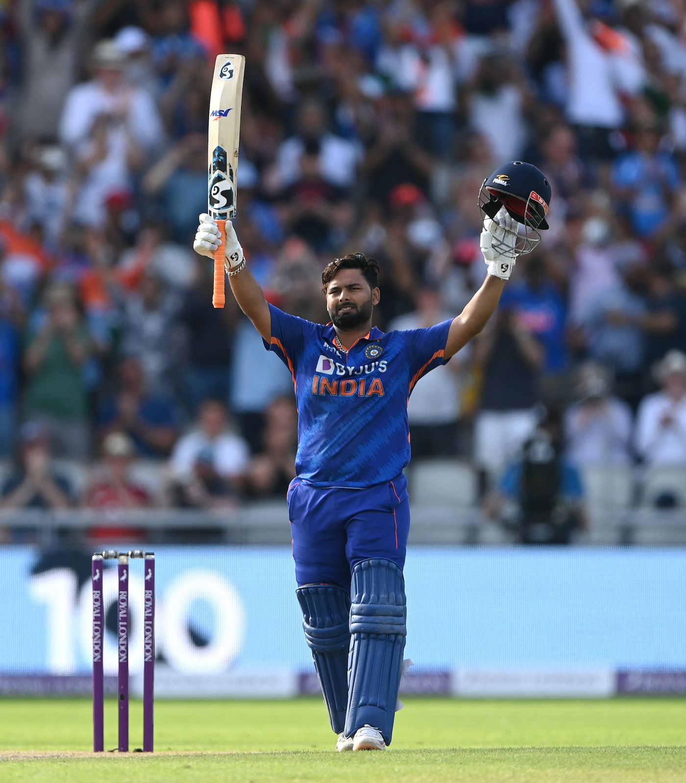 Rishabh Pant celebrates after getting to a century 