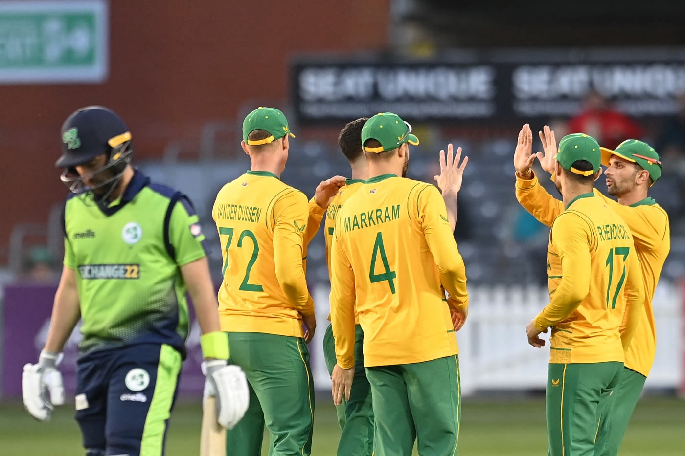 South Africa players celebrate as Andy Balbirnie walks back ...