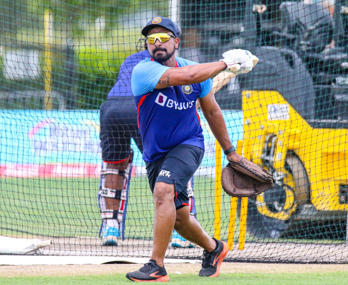 India fielding coach T Dilip hits high catches during training