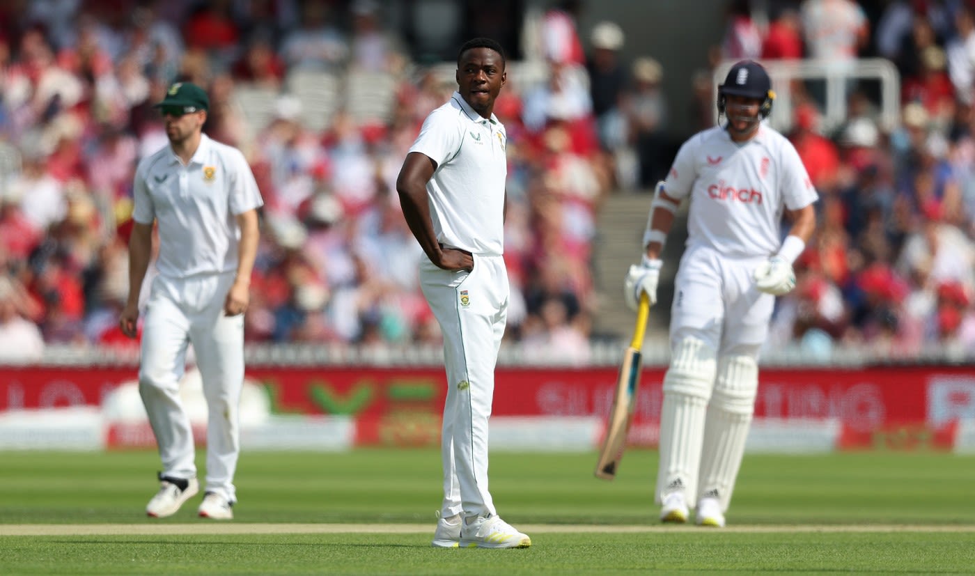 Kagiso Rabada looks on in frustration after an early dropped catch off