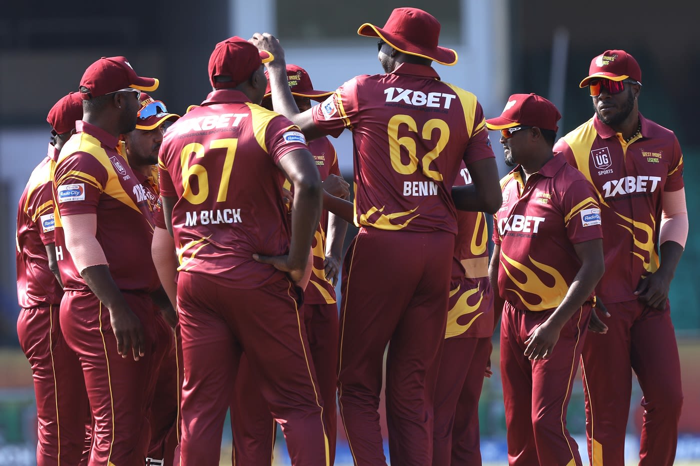 The West Indies players get together to celebrate a wicket