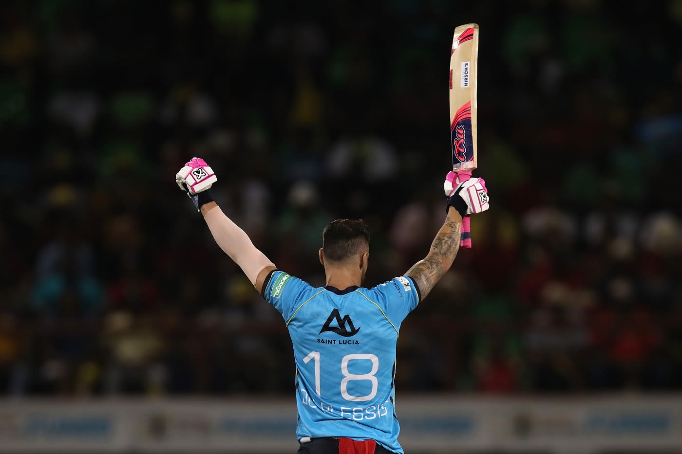 Faf du Plessis with his arms aloft after scoring an important century