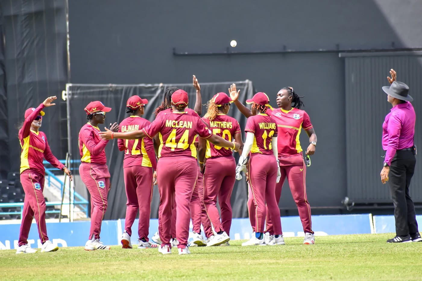 West Indies players celebrate the fall of a wicket