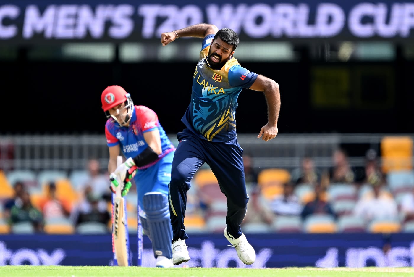 Lahiru Kumara is pumped up after bowling Rahmanullah Gurbaz