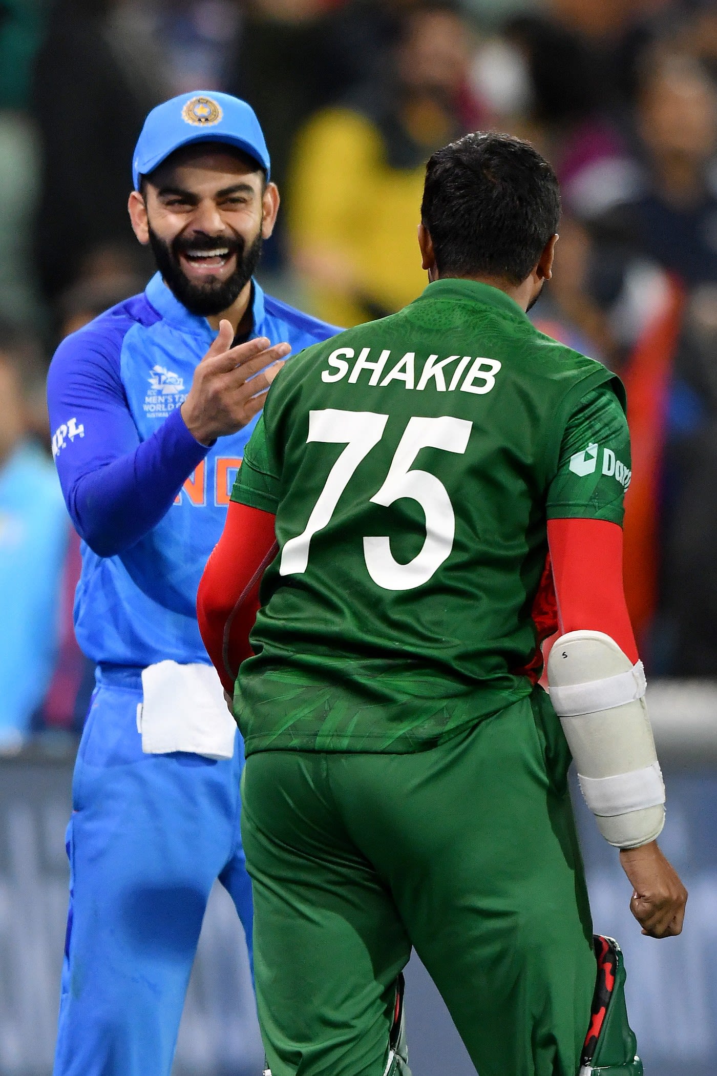 Virat Kohli and Shakib Al Hasan share a lighter moment in a tense World