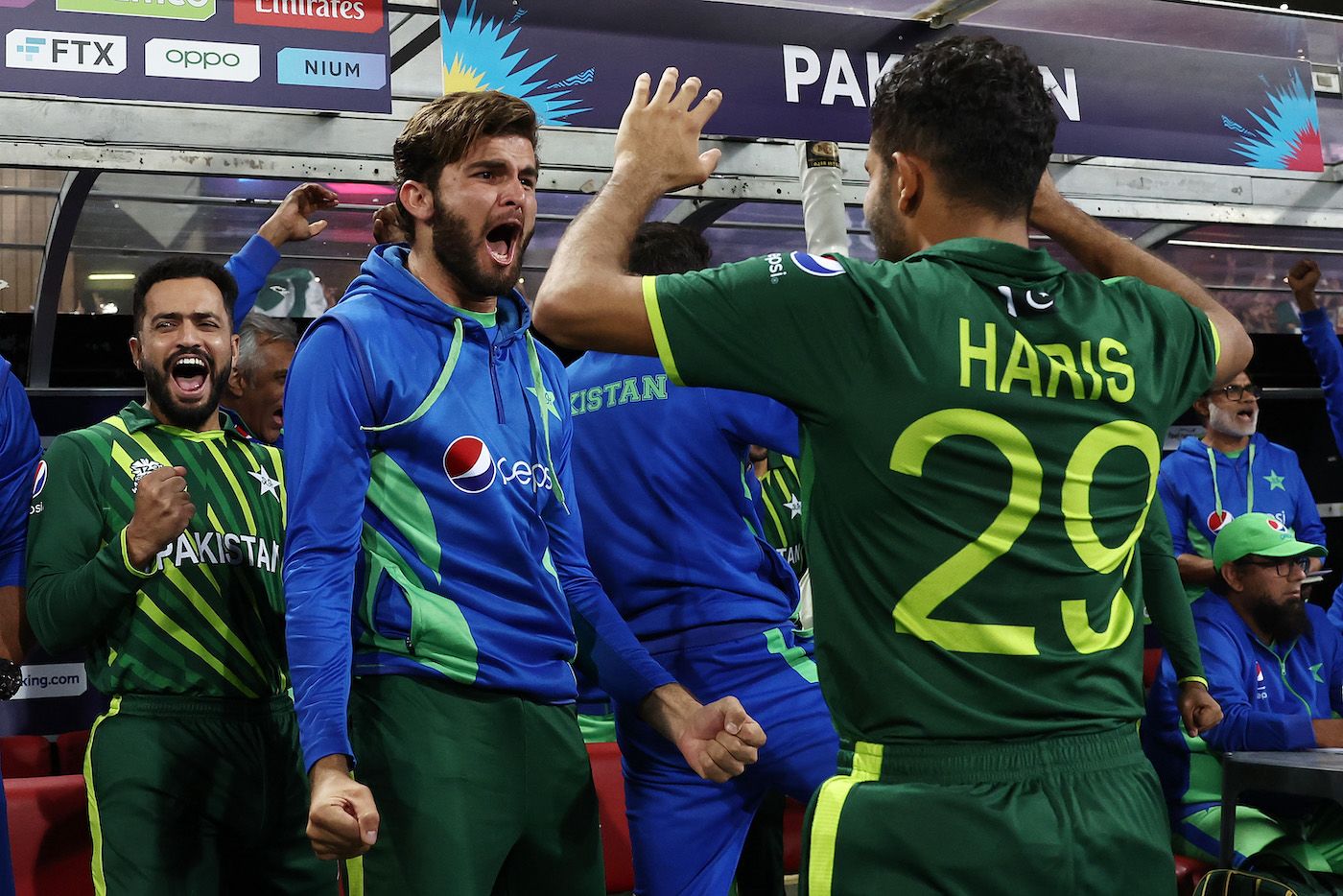 Shaheen Afridi and Mohammad Haris celebrate after Pakistan qualified