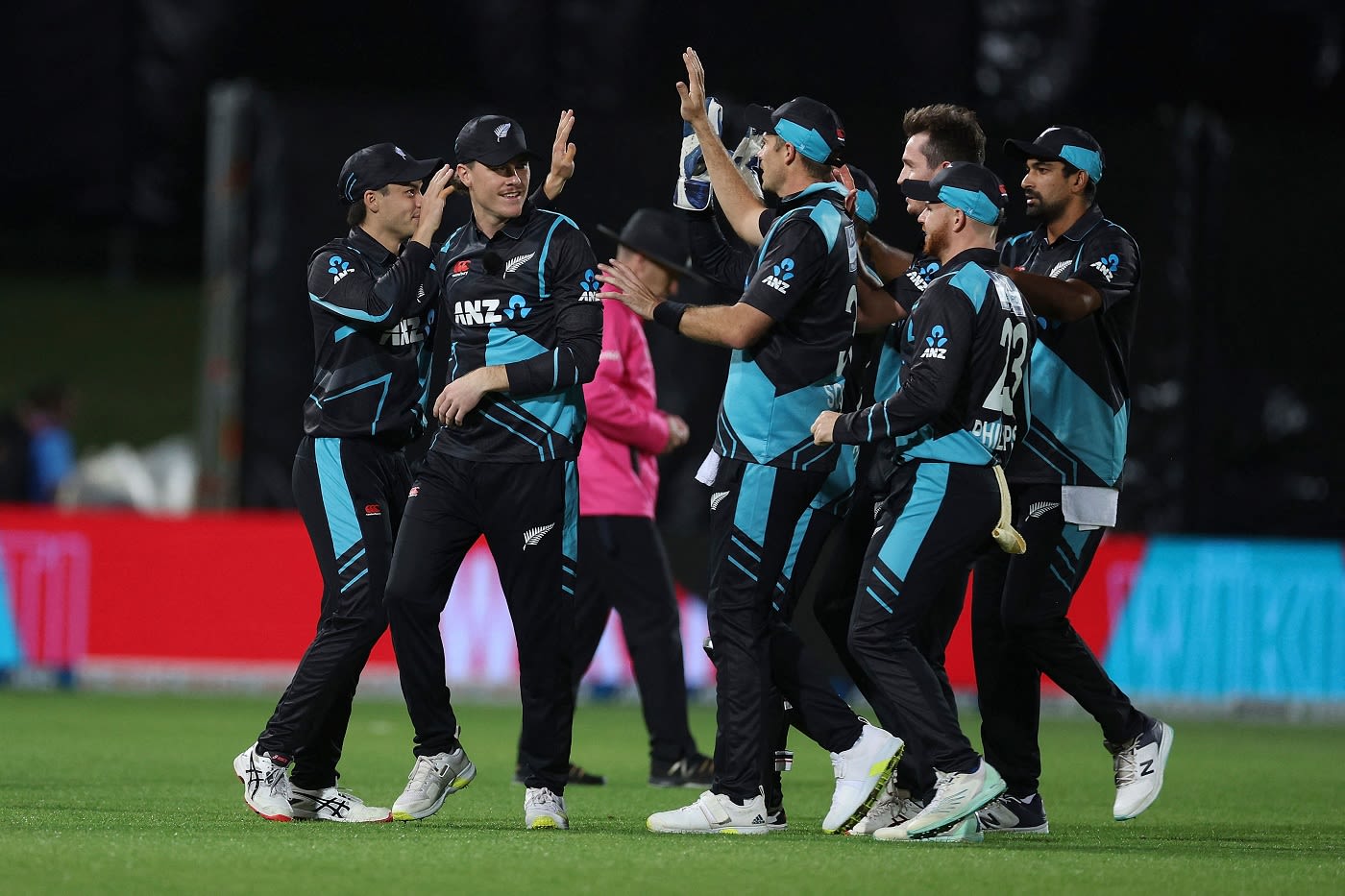 New Zealand players celebrate the wicket of Ishan Kishan | ESPNcricinfo.com