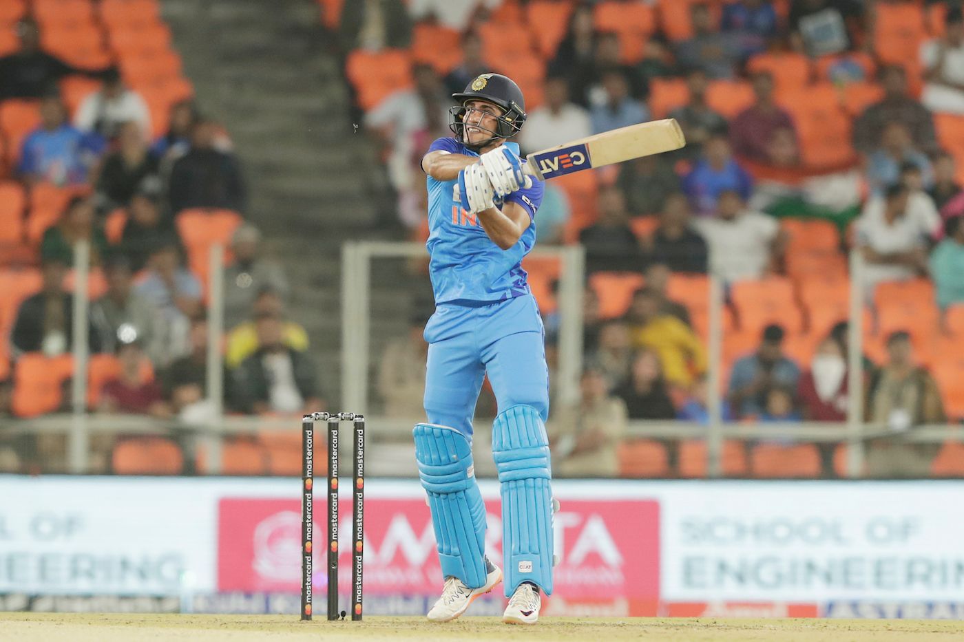 Shubman Gill gets on his toes to play a shot