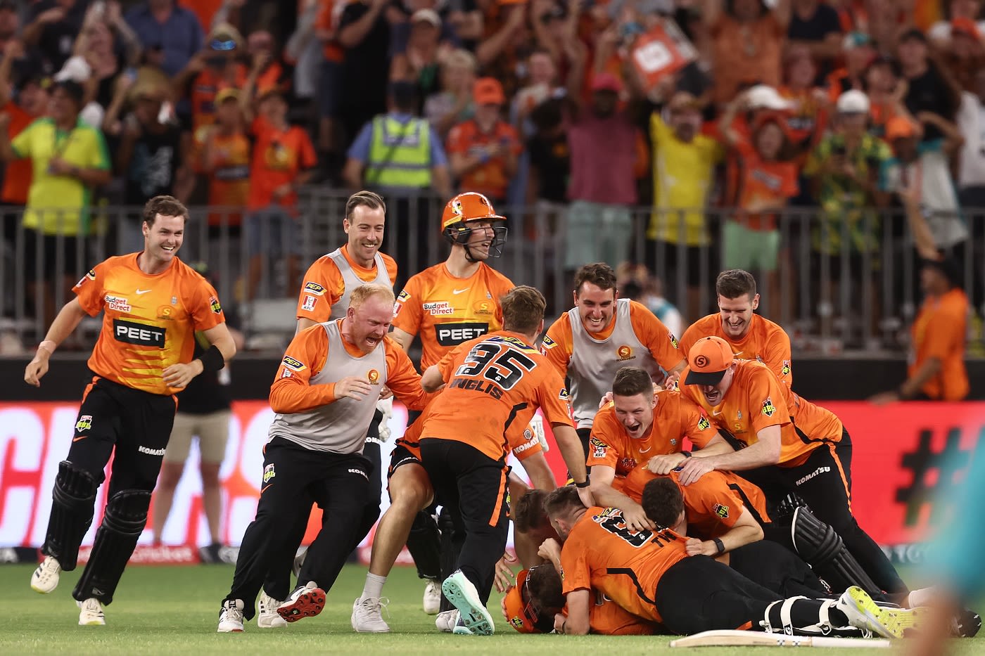 Perth Scorchers celebrate after the winning runs were hit