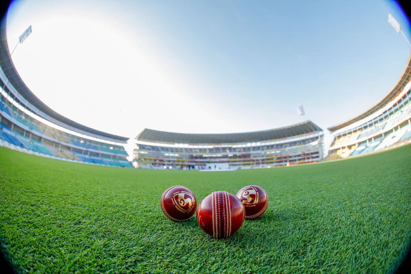 Three new SG cricket balls sit on the grass