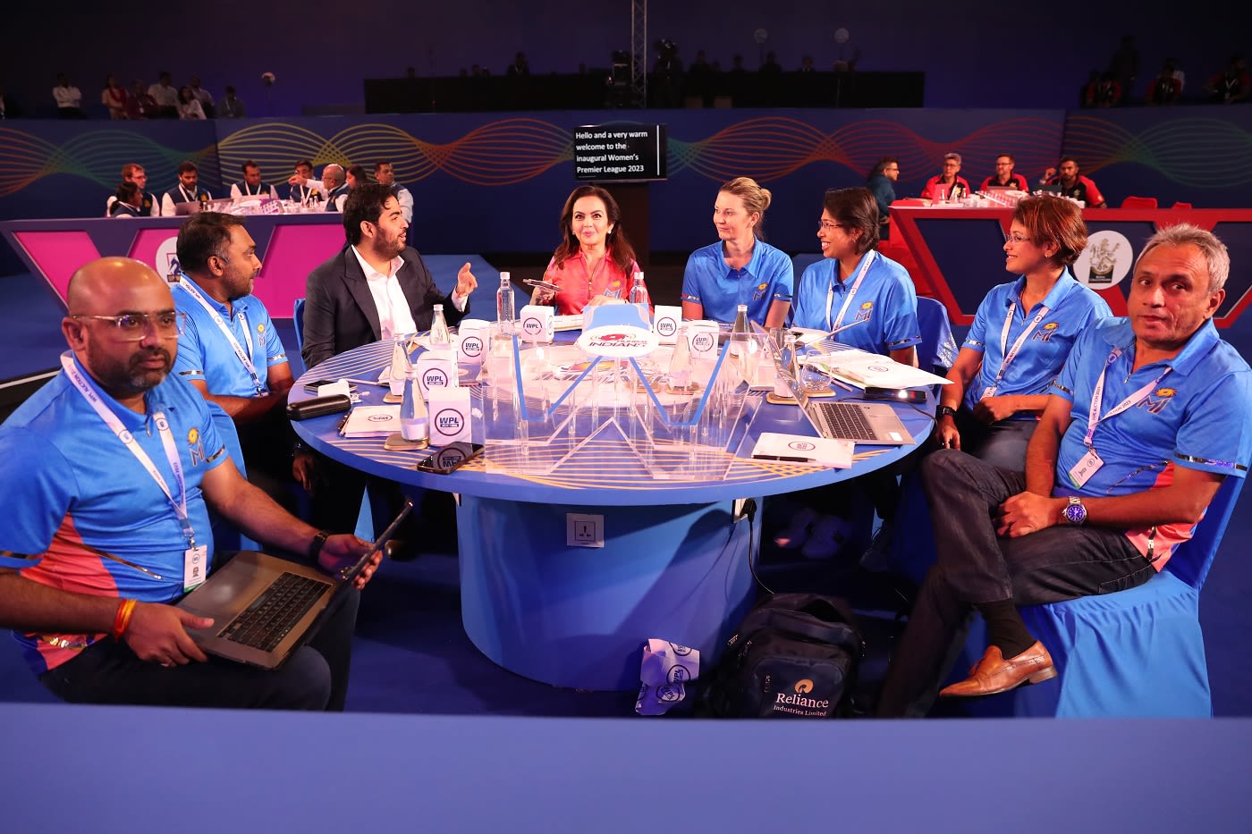 The Mumbai Indians team in their seats as the WPL auction gets underway
