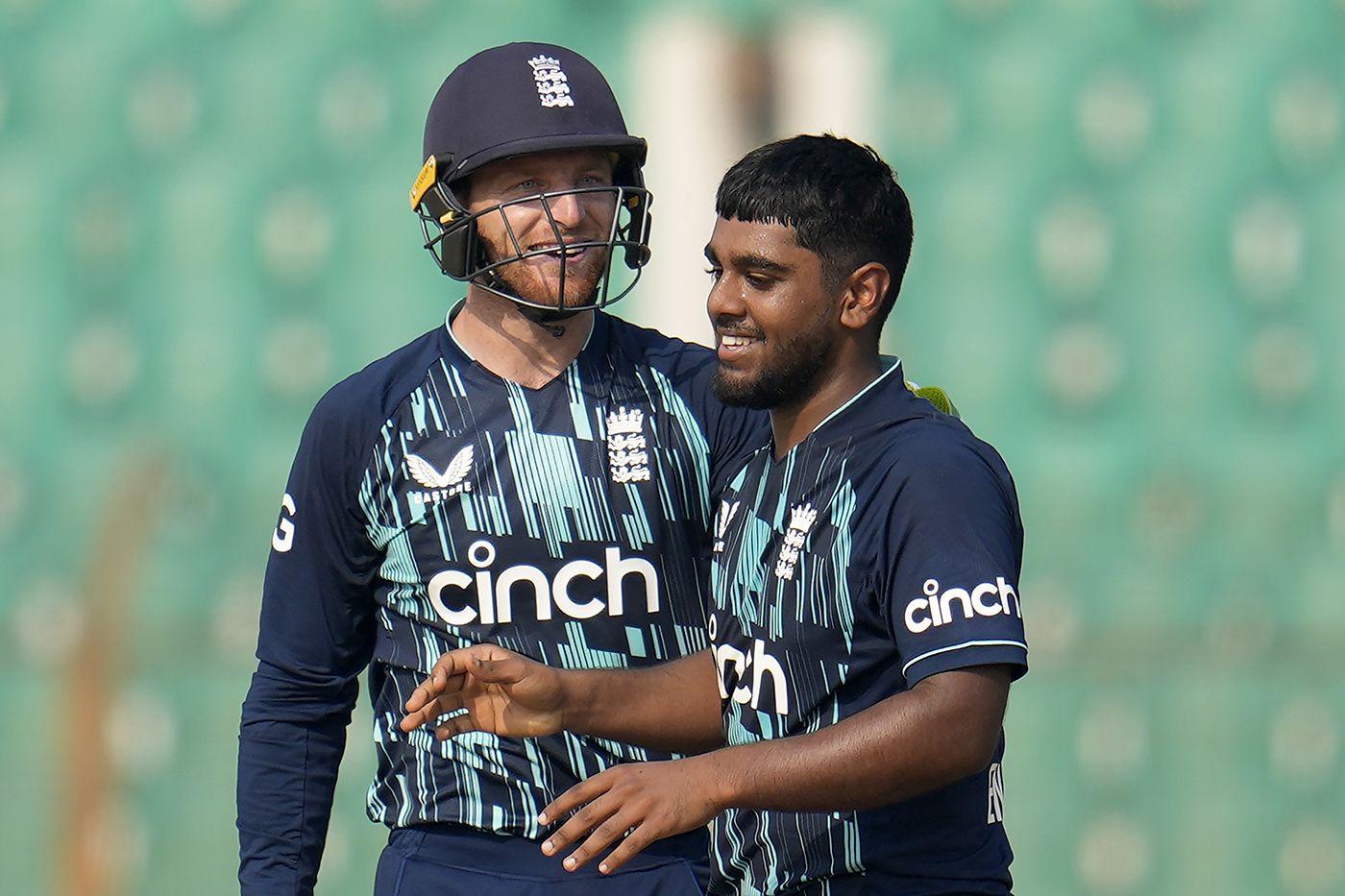 Rehan Ahmed celebrates his maiden ODI wicket with Jos Buttler ...