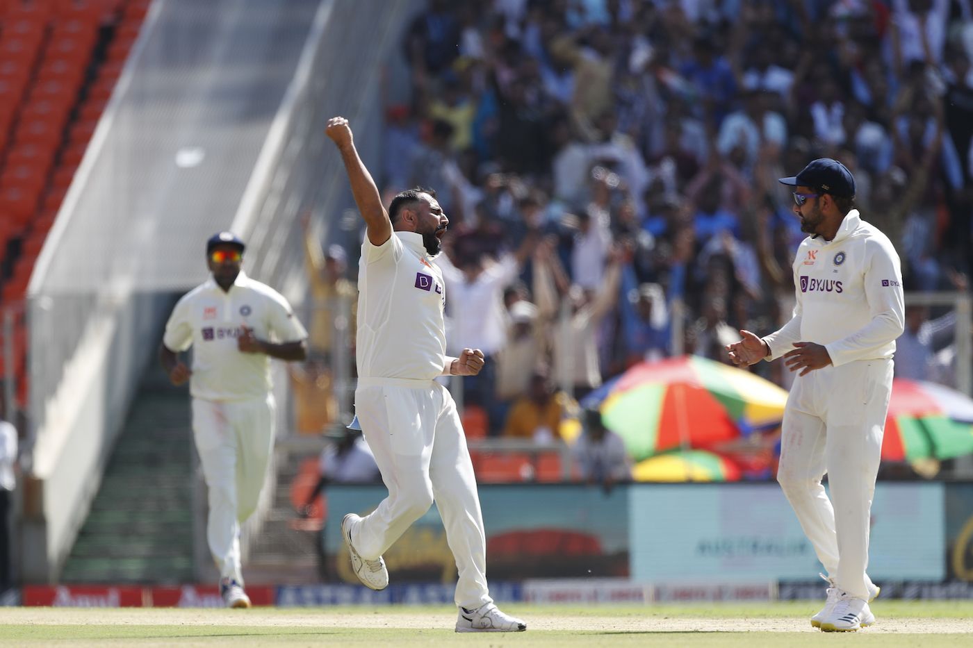 Mohammed Shami takes off in celebration as Rohit Sharma watches ...