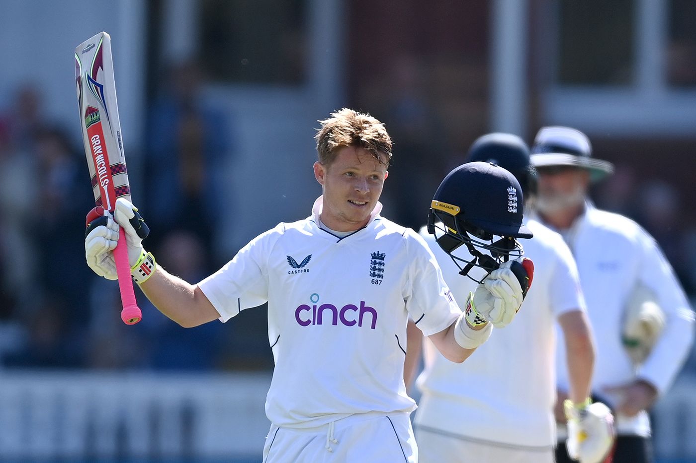 Ollie Pope celebrates his maiden Test double hundred