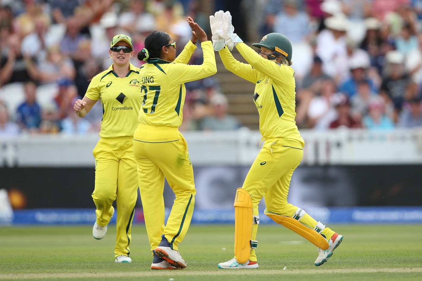 Alana King and Alyssa Healy celebrate Heather Knight's wicket ...