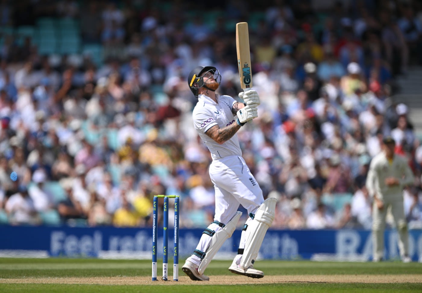 Ben Stokes top-edges a six over fine leg, through the hands of Mitchell ...