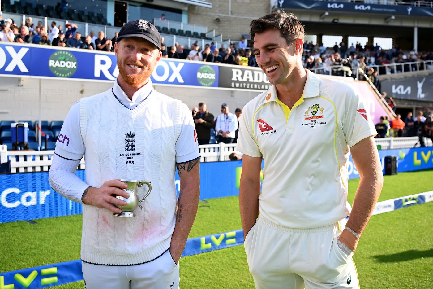 After the heat of battle, Ben Stokes and Pat Cummins share a laugh ...