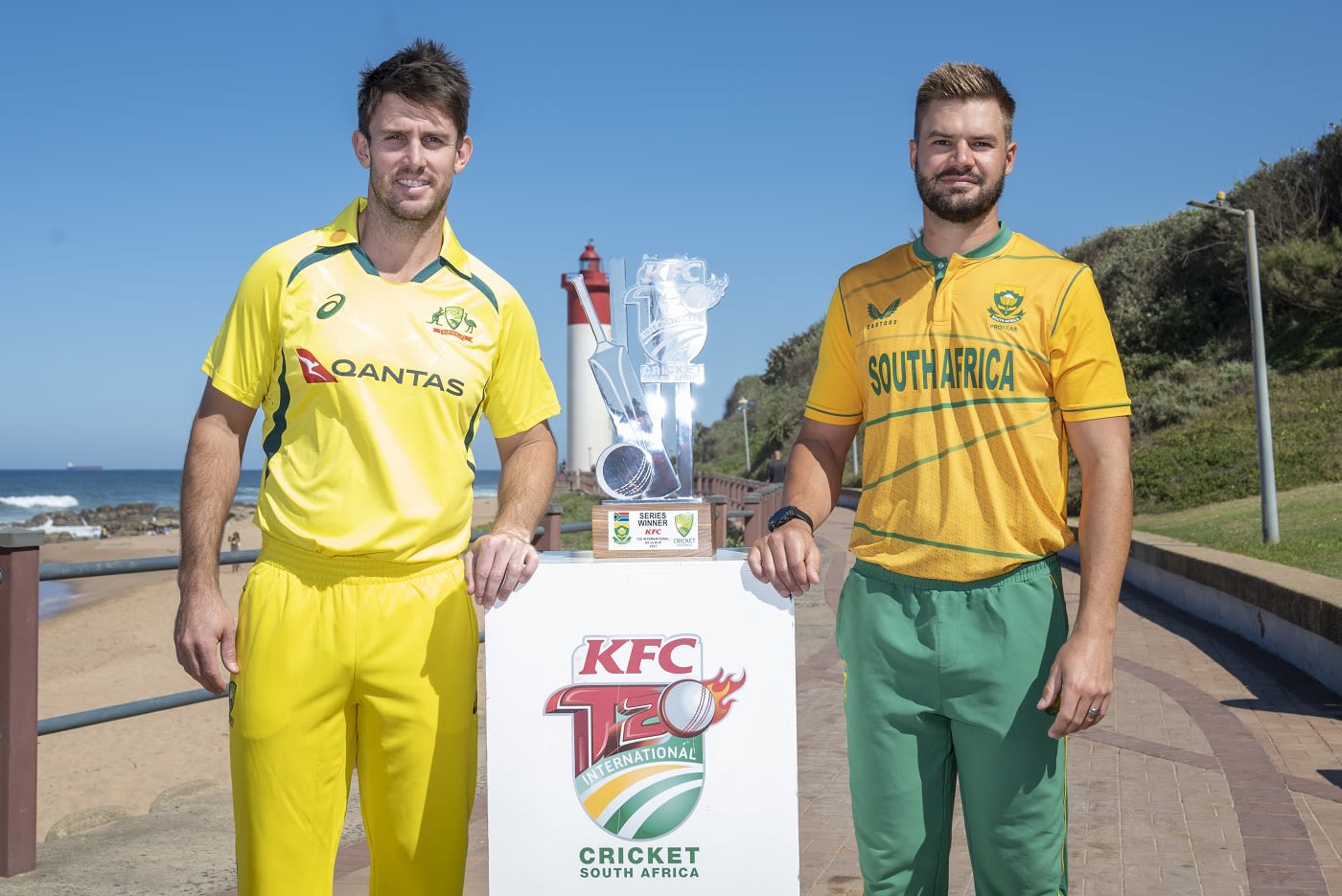 Mitchell Marsh and Aiden Markram pose with the series trophy