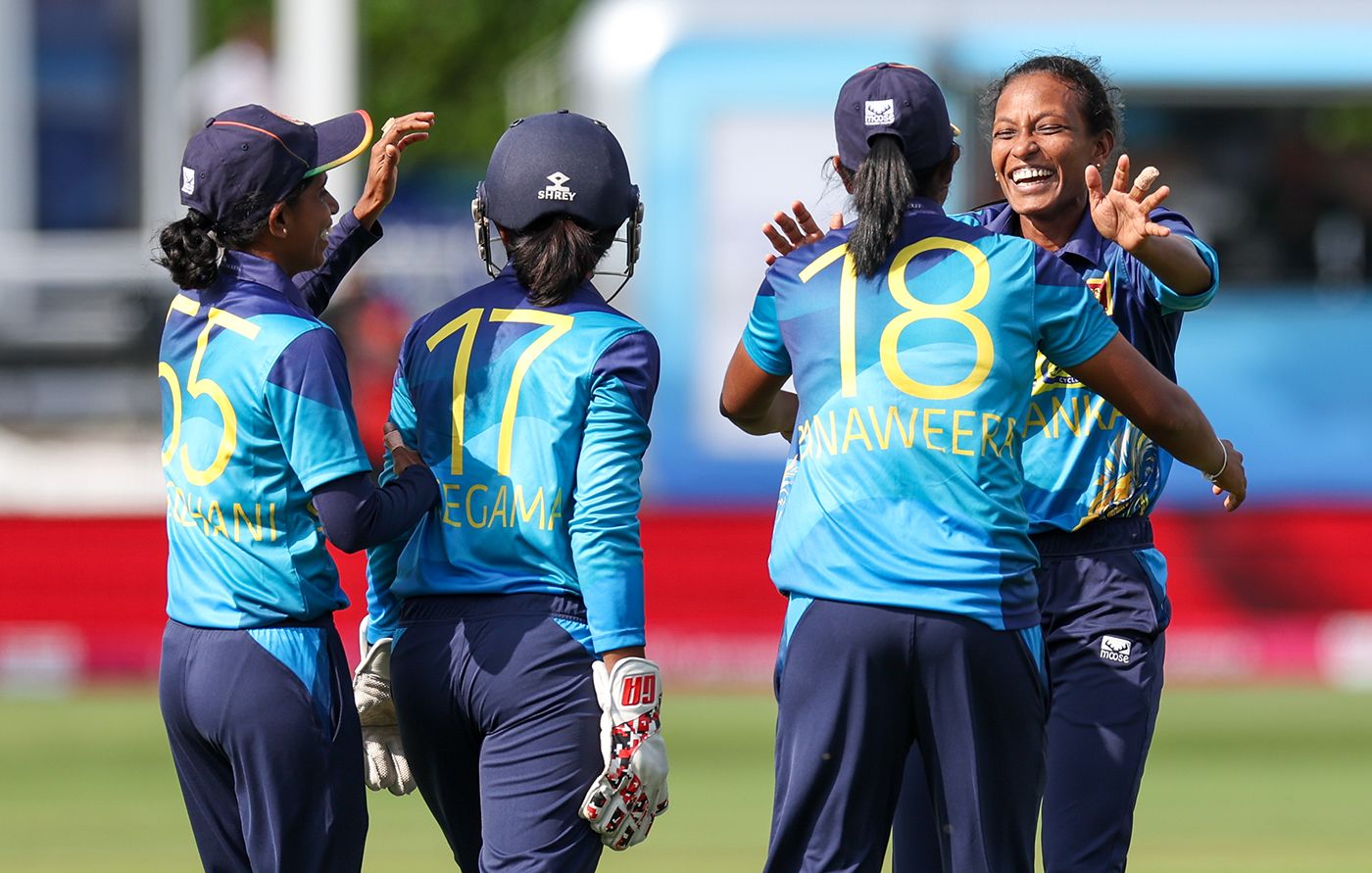 Inoshi Fernando celebrates taking the wicket of Danielle Gibson ...