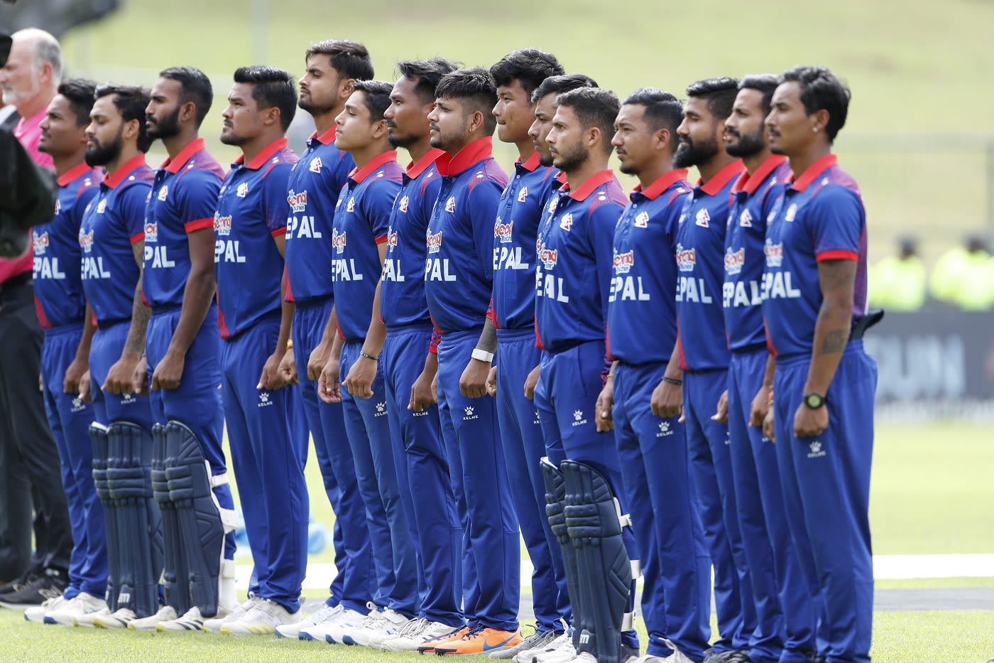 Nepal players line up for their national anthem