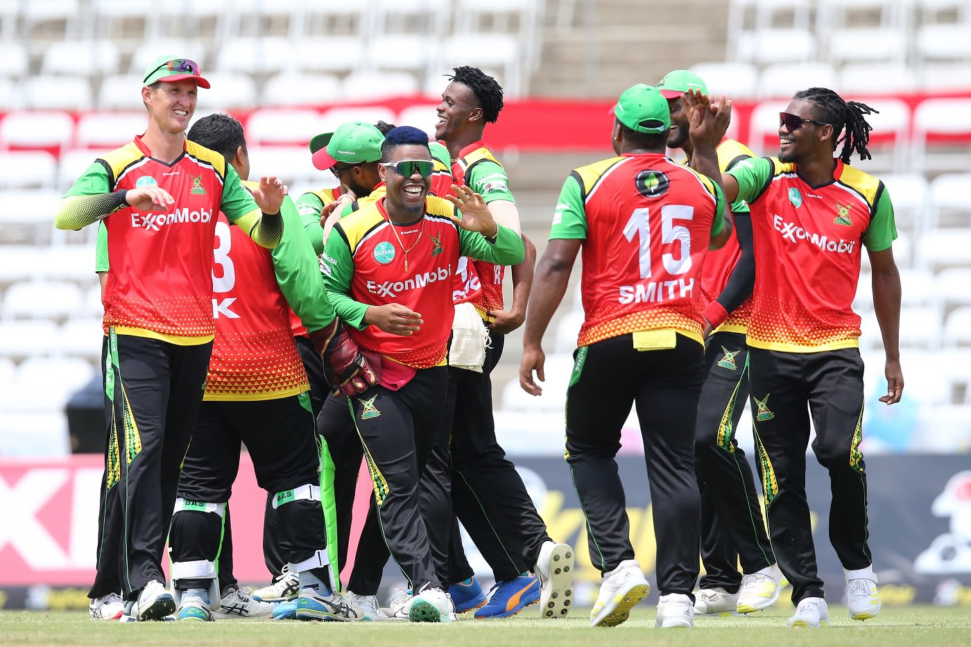 Shimron Hetmyer celebrates with his Guyana Amazon Warriors teammates