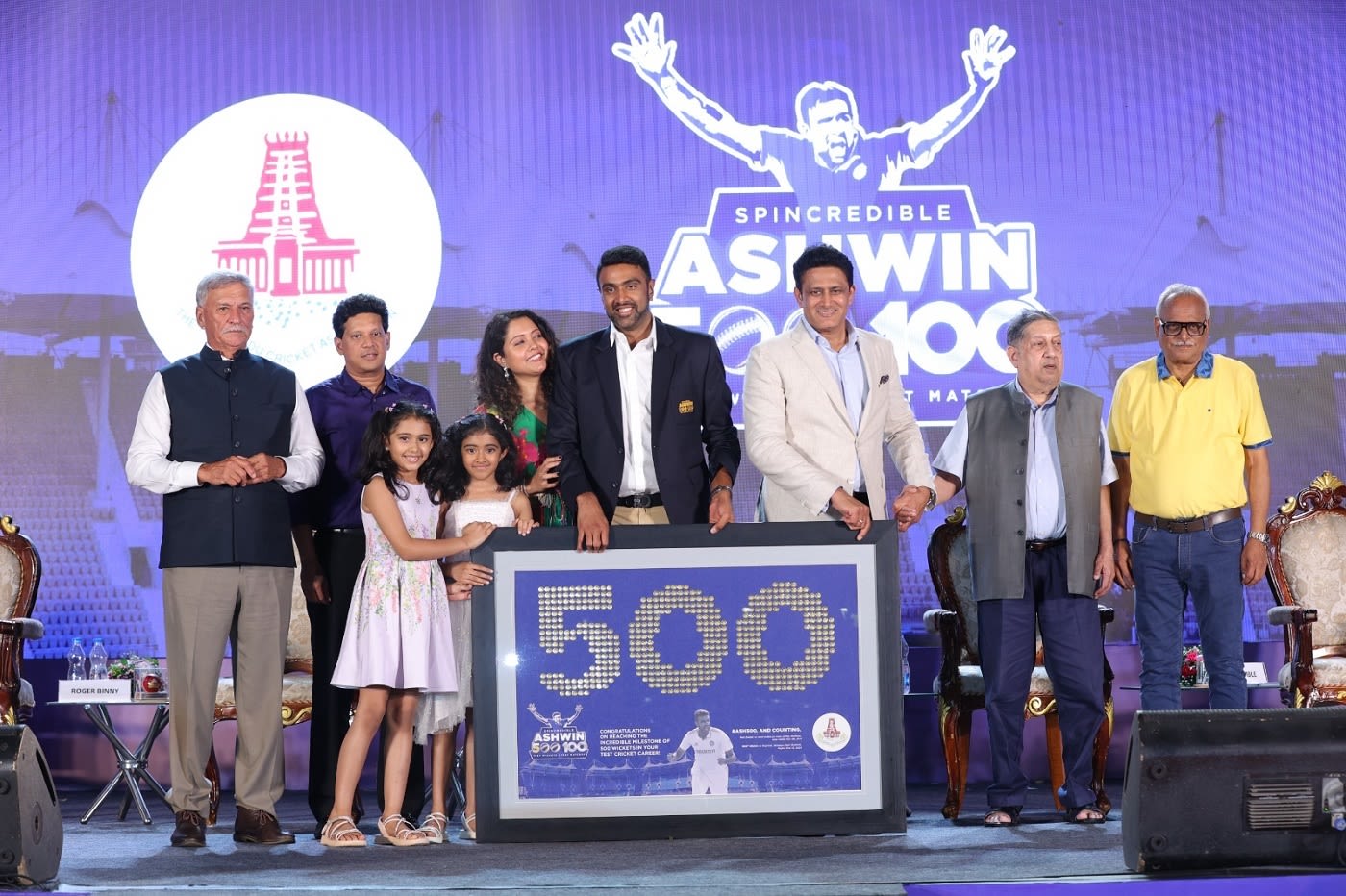 R Ashwin with his family, BCCI president Roger Binny, Anil Kumble, N ...