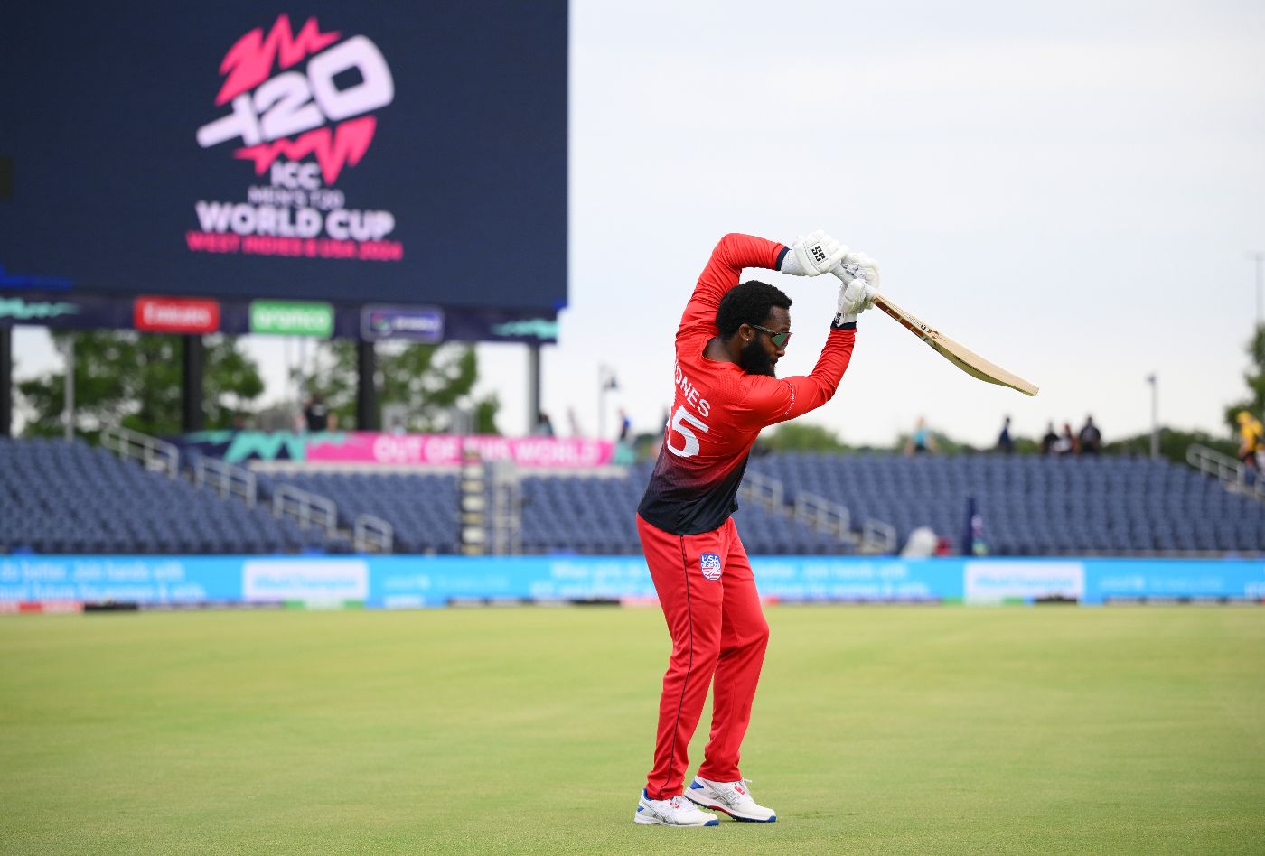 Aaron Jones warms up for the T20 World Cup curtainraiser