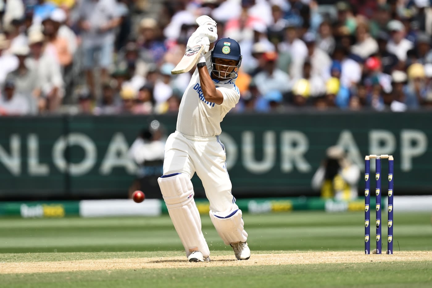 Yashasvi Jaiswal lays into a drive early in his innings ESPNcricinfo
