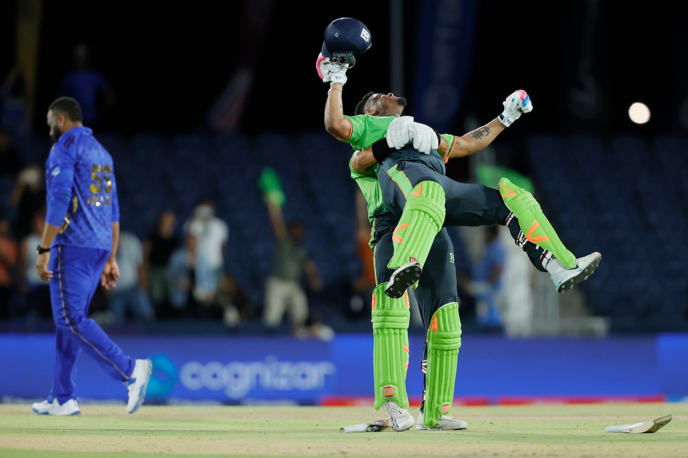 Jasdeep Singh lifts Shimron Hetmyer off the ground in celebration ...