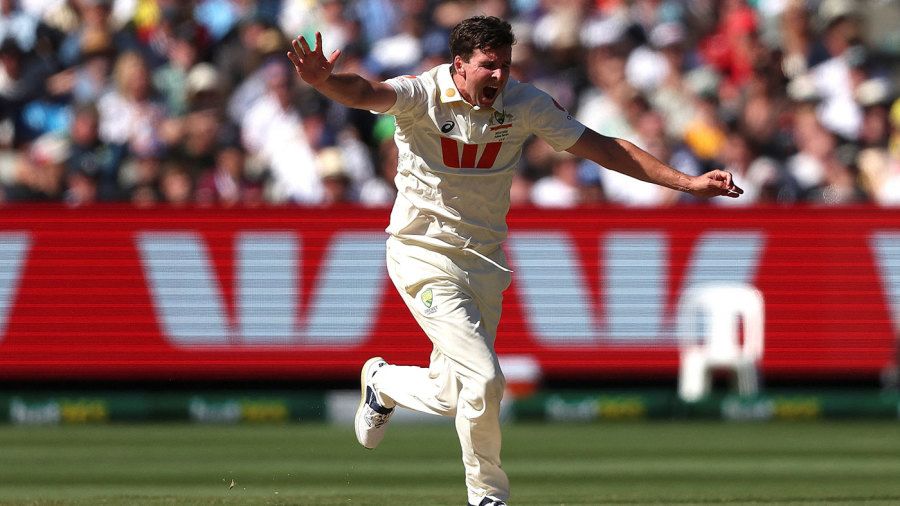 Jhye Richardson celebrates the wicket of Joe Root at the MCG