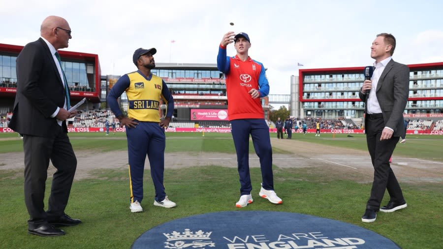 Harry Brook flips the coin at the toss
