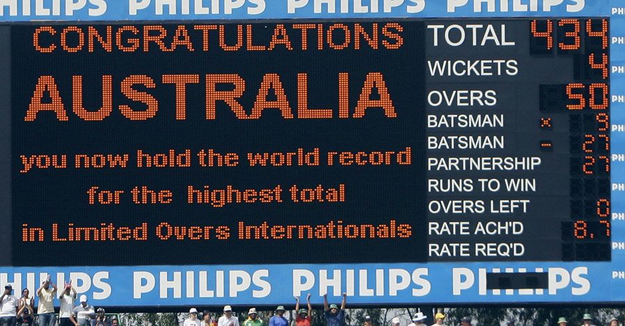 The scoreboard showing Australia's world record score of 434 for 4