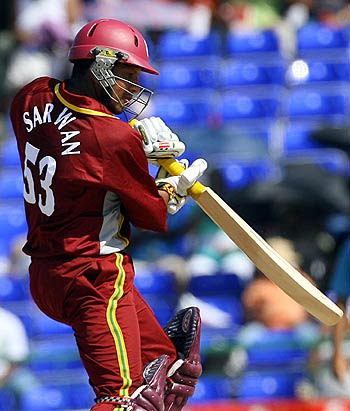 Ramnaresh Sarwan cuts during his unbeaten 115 in St Kitts ...