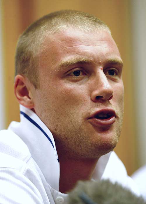 Andrew Flintoff speaks to the media before leaving for the Champions ...