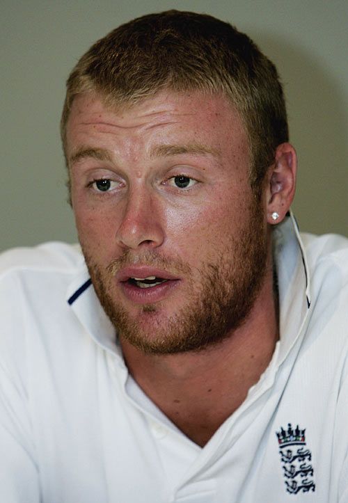 An exhaustedlooking Andrew Flintoff at the press conference in which