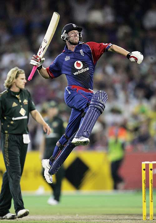 Paul Collingwood jumps for joy as England win the first final