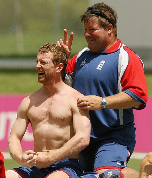 Paul Collingwood and England physio Dean Conway lark around