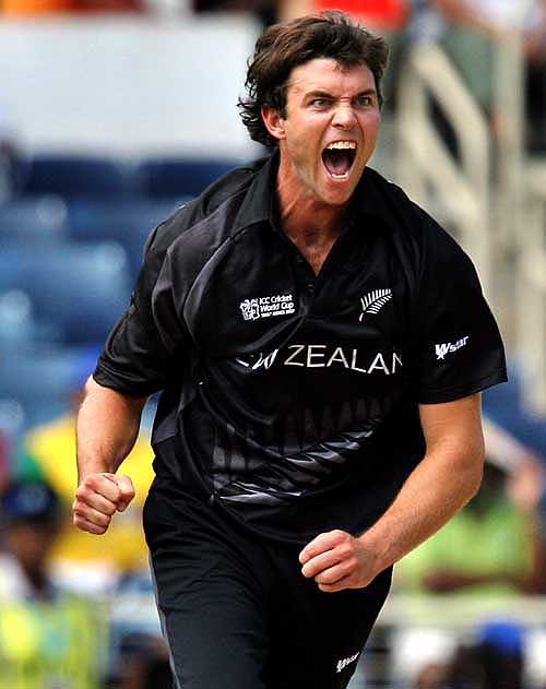 James Franklin celebrates after bowling Sanath Jayasuriya for one