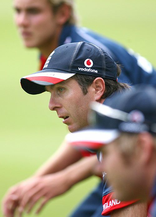 Michael Vaughan waits in the slip cordon during a fielding session