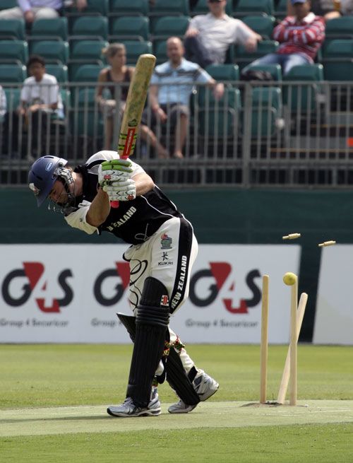 New Zealand's Paul Hitchcock is bowled at the 2007 Hong Kong